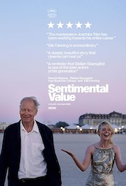 A film poster for "Sentimental Value" featuring two people on a beach at dusk. The man wears a white shirt without a tie plus a dark jacket, and the woman wears a light-coloured sequined party dress. Behind them is a harbour setting with buildings visible across the water. The poster displays five stars at the top, followed by several quoted reviews praising the film. The title appears in white text at the bottom against the twilight sky.