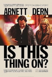 The poster for the film Is This Thing On? It shows a man and a women walkking on a New York street at night.