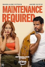 The poster for the film Maintenance Required. It shows the two lead characters from the film sitting on a bench with a pale yellow wall behind them.