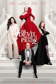 Film poster for The Devil Wears Prada 2, featuring Meryl Streep in a white coat on the left, Anne Hathaway in a flowing red dress at the top centre of a grand staircase, Emily Blunt in a black dress on the right, and Stanley Tucci in a dark suit and glasses at the bottom centre. The actors' names appear above the title.